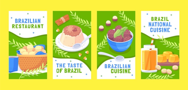 Conjunto de histórias do instagram de restaurante brasileiro desenhado à mão