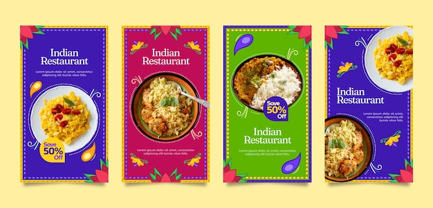Conjunto de histórias do instagram de restaurante indiano desenhado à mão