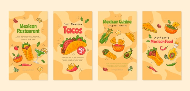 Vetor conjunto de histórias do instagram de restaurante mexicano desenhado à mão