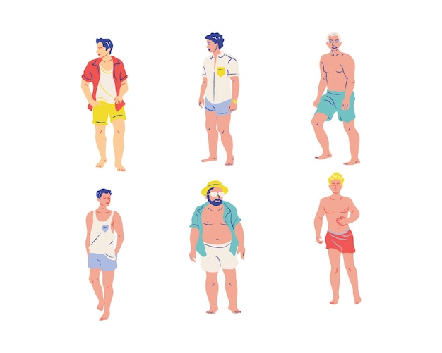 Vetor conjunto de homens de desenho animado em trajes de banho e ilustração vetorial de shorts