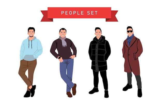 Vetor conjunto de homens de moda em roupas de inverno ilustração vetorial em estilo plano