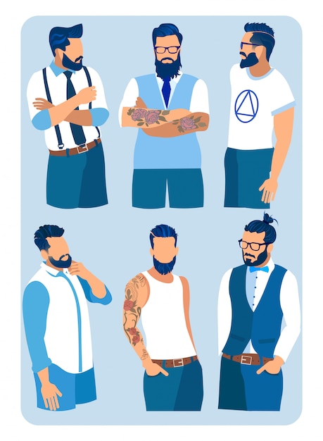 Vetor conjunto de homens penteados, barbas e bigode de moda