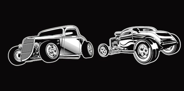 Conjunto de hotrod vintage em carros monocromáticos estilo retro premium vector