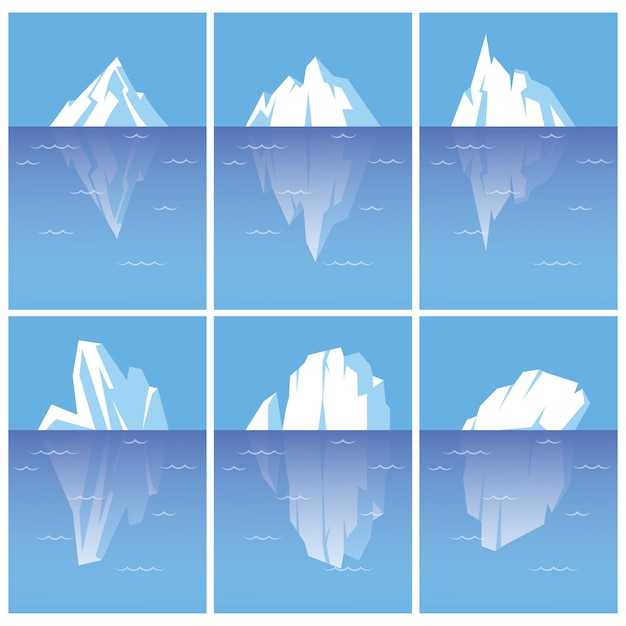 Vetor conjunto de icebergs com parte subaquática. ilustrações de estilo plano isoladas no fundo branco.