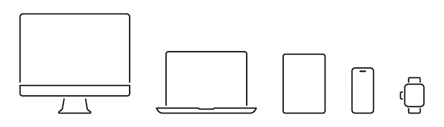 Vetor conjunto de ícone de dispositivo linear computador laptop tablet smartphone relógio modelo modelo de tela do dispositivo