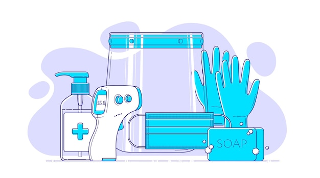 Vetor conjunto de ícone de linha de ppe de vetor em fundo de formas abstratas para infográfico médico