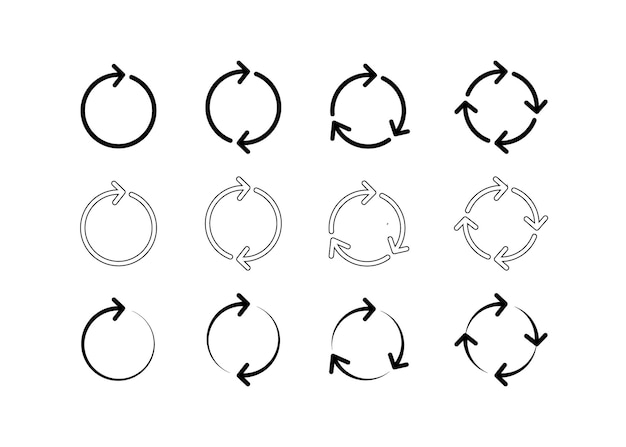 Conjunto de ícone de loop circular de setas de círculo preto atualizar recarregar reciclar sinal de rotação setas de rotação