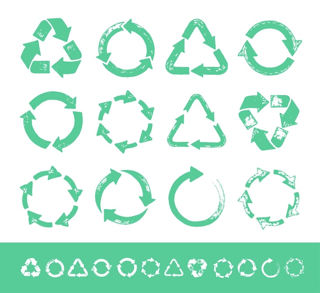 Conjunto de ícone de reciclagem Reciclagem Símbolo verde de reciclagem Estilo grunge Emblemas com arranhões e arranhões Ilustração vetorial de desenho à mão isolado no fundo branco