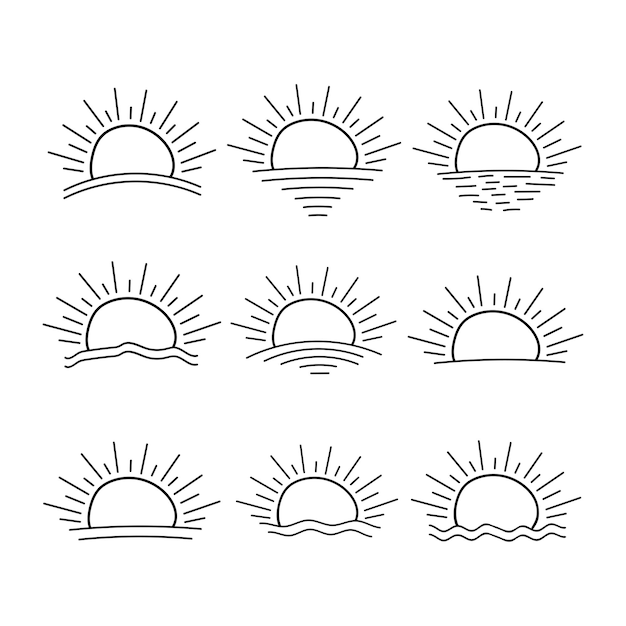 Conjunto de ícone do sol mão desenhada verão nascer do sol pôr do sol ícone do logotipo do sol mar oceano sol isolado