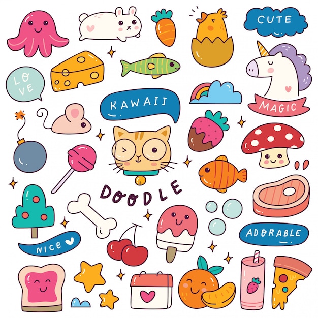 Conjunto de ícone kawaii na ilustração do estilo doodle