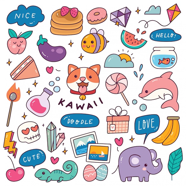 Conjunto de ícone kawaii na ilustração do estilo doodle