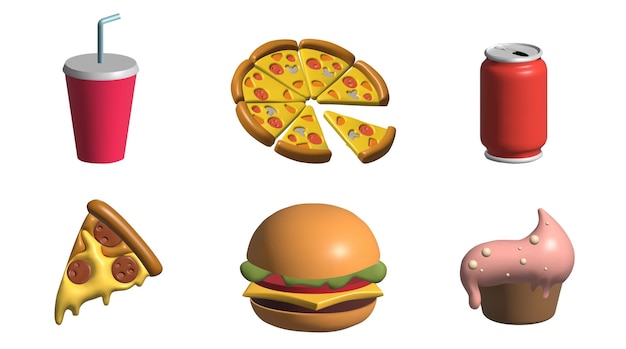 Vetor conjunto de ícones 3d de fast food com ilustração 3d de cupcake de refrigerante de hambúrguer de pizza