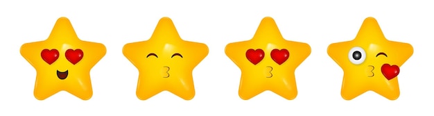 Conjunto de ícones 3d estrela amarela com um rosto sorridente emoji sorriso apaixonado corações vermelhos beijo no ar lábios