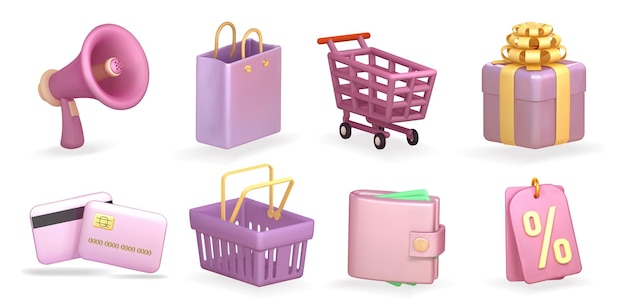 Vetor conjunto de ícones 3d lilás macio de ilustração 3d de compras. com cartão de crédito, carrinho de compras, caixa de presente.