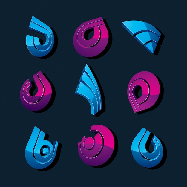 Vetor conjunto de ícones abstratos 3d vetor, elementos de design gráfico corporativo simples. conjunto de símbolos de marketing azul e roxo isolado no fundo branco.