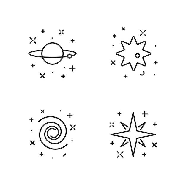 Conjunto de ícones alinhados de objetos espaciais brilhantes e cintilantes isolados em whitexA