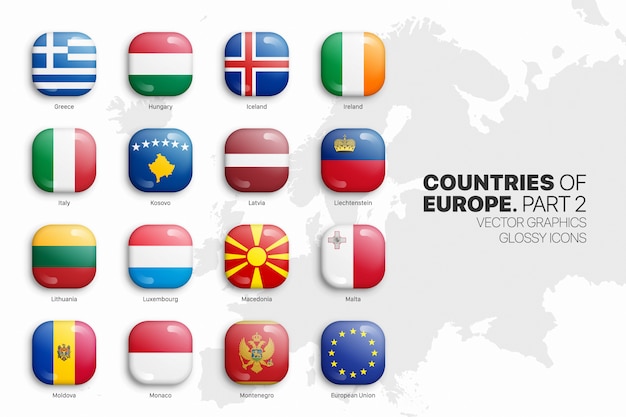 Conjunto de ícones brilhantes 3d de bandeiras de países europeus