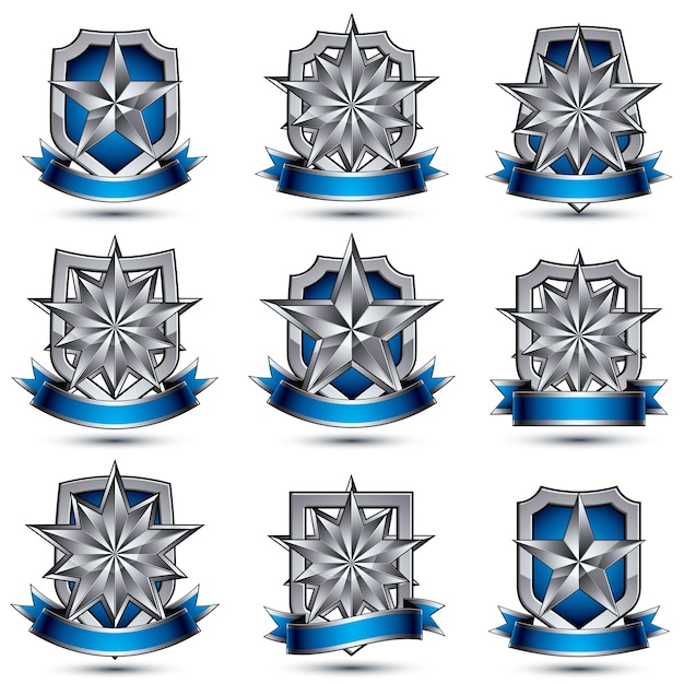 Conjunto de ícones brilhantes 3d heráldicos prateados com fitas curvilíneas, melhor para uso em web e design gráfico, estrelas de prata pentagonais, símbolos claros de luxo vetorial eps 8, escudos.