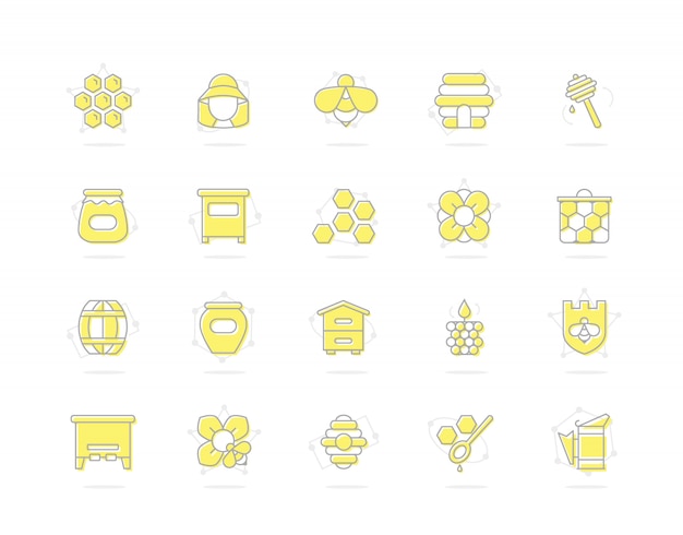 Conjunto de ícones coloridos de linha de mel. Abelha, favo de mel, barril, apicultor e muito mais.