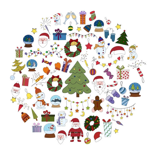 Conjunto de ícones coloridos de Natal com uma ilustração vetorial de linha fina
