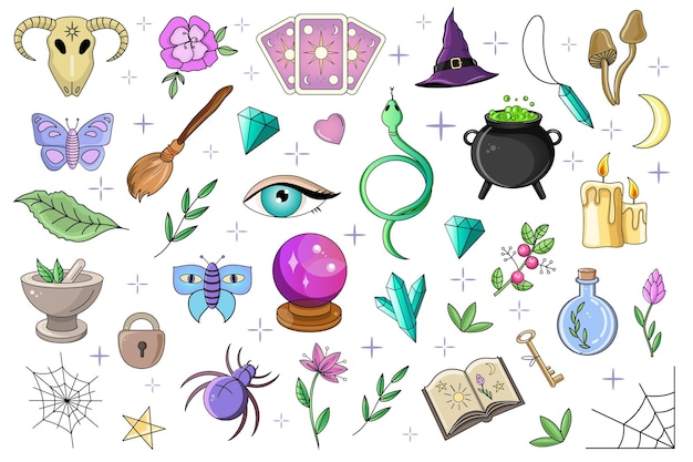 Conjunto de ícones com itens mágicos, incluindo sinais de bruxaria e objetos para rituais