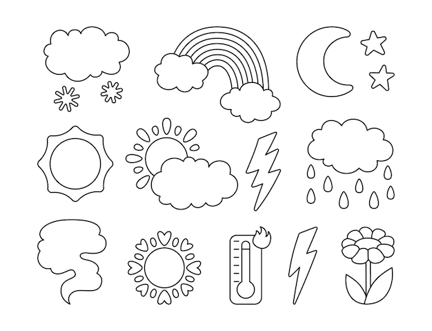 Conjunto de ícones da linha meteorológica sol nuvens chuva relâmpago termômetro clima meteorológico infográfico sinal