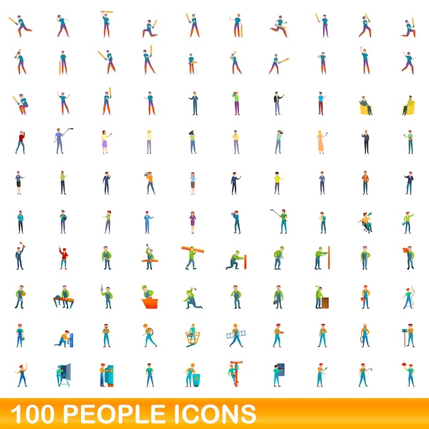 Conjunto de ícones de 100 pessoas. ilustração dos desenhos animados do conjunto de vetores de ícones de 100 pessoas isolado no fundo branco