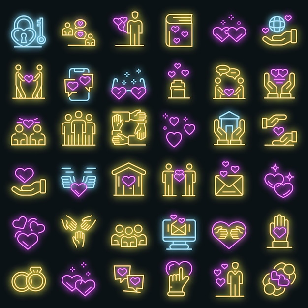 Conjunto de ícones de afeto. conjunto de contorno de ícones de vetor de afeto cor de néon no preto