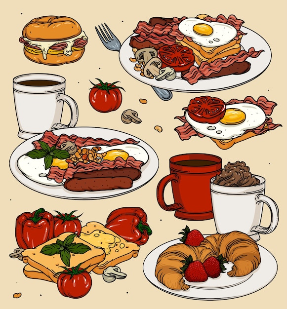 Vetor conjunto de ícones de alimentos vetoriais de desenho animado isolados em fundo bege bacon ovos fritos ovo e queijo