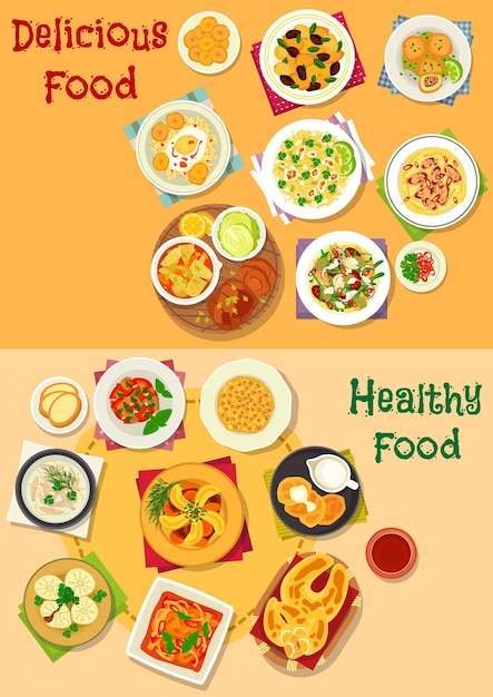Conjunto de ícones de almoço com pratos de comida saudável