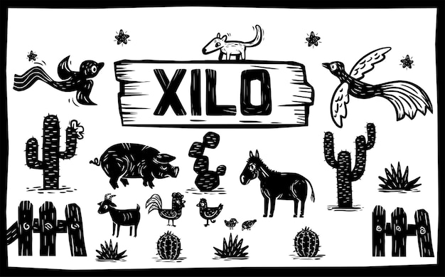 Vetor conjunto de ícones de animais fazendo no estilo xilogravura