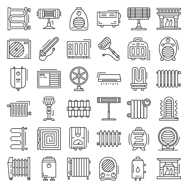 Conjunto de ícones de aquecedor elétrico. conjunto de tópicos de ícones de vetor de aquecedor elétrico