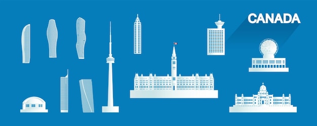 Vetor conjunto de ícones de arquitetura isolados do canadá e símbolo com turnê pela europa