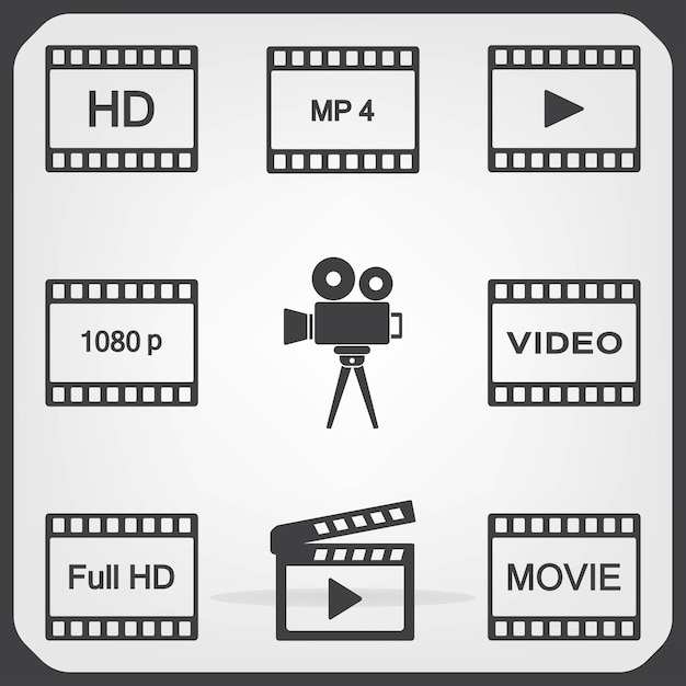 Conjunto de ícones de áudio vídeo símbolo de filme Ilustração vetorial em fundo cinza Eps 10