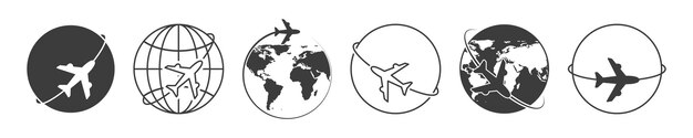 Conjunto de ícones de avião globo voo de avião ao redor da terra ilustração vetorial de voo de avião