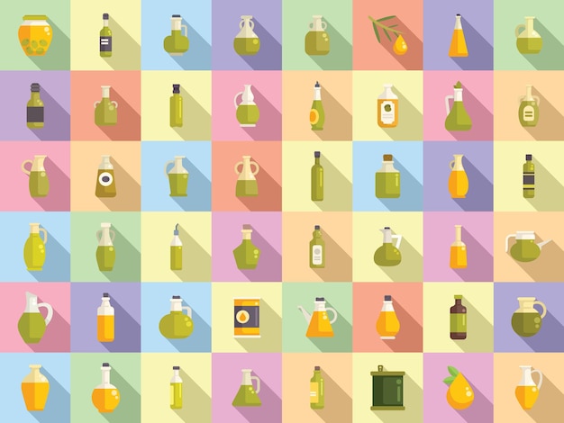 Conjunto de ícones de azeite de oliva vetor plano comida de árvore