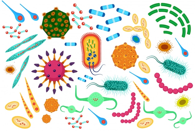 Conjunto de ícones de bactérias de vírus dos desenhos animados