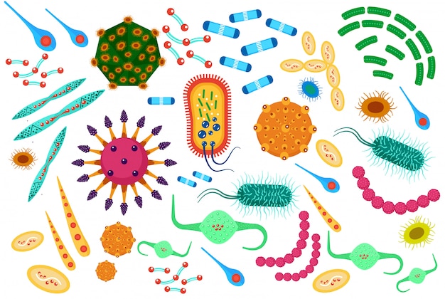 Vetor conjunto de ícones de bactérias de vírus dos desenhos animados