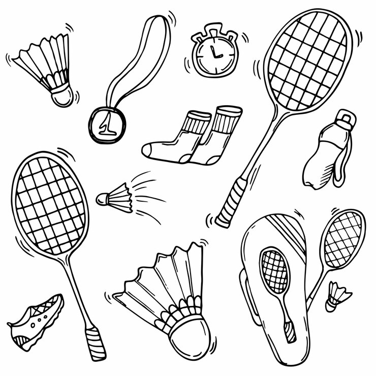 Vetor conjunto de ícones de badminton doodle ilustração vetorial de esporte de primavera isolado