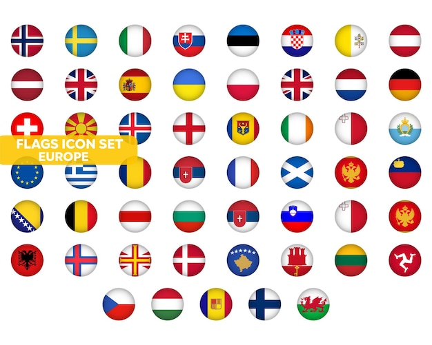 Vetor conjunto de ícones de bandeira da europa países europeus sinalizadores circundados ucrânia reino unido alemanha e outros elementos gráficos vetoriais 52 símbolos