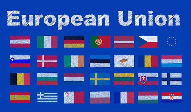 Conjunto de ícones de bandeira países europeus. Ilustração estilizada como bordado. Países da União Europeia