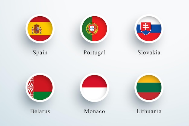 Vetor conjunto de ícones de bandeira redonda espanha portugal eslováquia