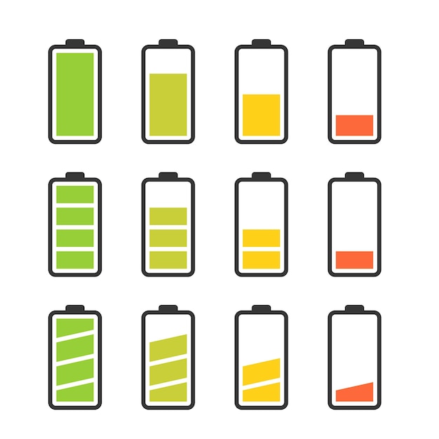 Vetor conjunto de ícones de bateria com indicadores coloridos de nível de carga