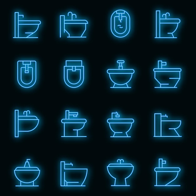 Conjunto de ícones de bidê. conjunto de contorno de ícones de vetor de bidê, cor de néon no preto