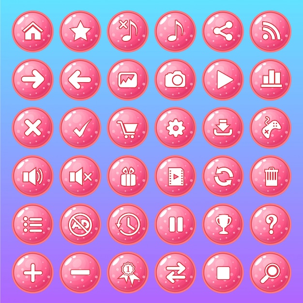 Conjunto de ícones de botão cor rosa estilo geléia brilhante.