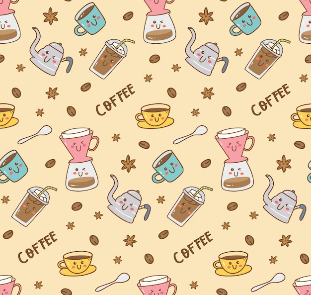 Conjunto de ícones de café padrão no estilo kawaii doodle