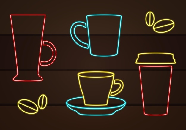 Conjunto de ícones de café plano em estilo neon. ícones isolados em fundo de madeira.