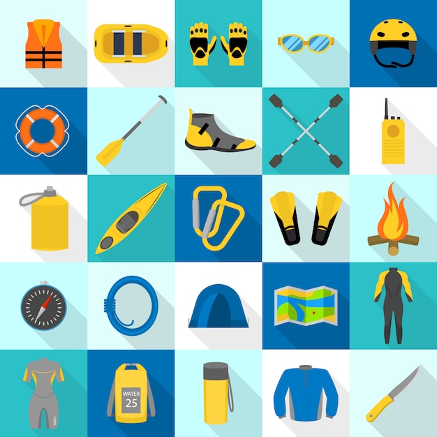 Conjunto de ícones de caiaque rafting, estilo simples