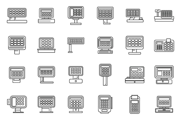 Conjunto de ícones de caixa registradora com tela sensível ao toque vetor caixa de serviço de venda automática