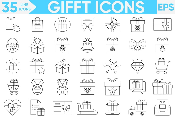 Vetor conjunto de ícones de caixas de presentes linha de íconos de caixes de presentes amarrados abertos e brilhantes ícones de caixa de presentes em estilo trendy flat conjunto vetorial de certificados de presentes conjunto vector e ilustrador
